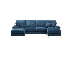 YEHTOKHOME Moderne U-vormige Bank - Chenille-stof - 4-zitsbank - Gestoffeerde bank met dubbele toffee stoel - Gouden metalen poten - Vier kussens - Blauw
