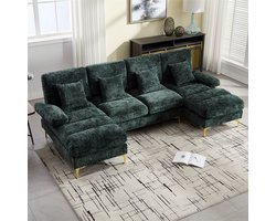 YEHTOKHOME Moderne U-vormige Bank - Chenille-stof - 4-zitsbank - Gestoffeerde bank met dubbele toffee stoel - Gouden metalen poten - Vier kussens - Donkergroen