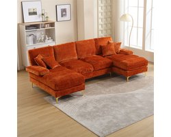 YEHTOKHOME Moderne U-vormige Bank - Chenille-stof - 4-zitsbank - Gestoffeerde bank met dubbele toffee stoel - Gouden metalen poten - Vier kussens - Oranje