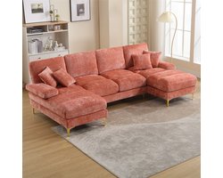 YEHTOKHOME Moderne U-vormige Bank - Chenille-stof - 4-zitsbank - Gestoffeerde bank met dubbele toffee stoel - Gouden metalen poten - Vier kussens - Roze