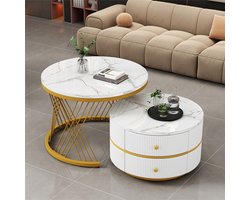 YEHTOKHOME Ronde Salontafel Set van 2 - Koffietafel - Wit hoogglans marmer look - 2 lades - Grote tafel Ø60x46cm, Kleine tafel Ø50x31cm - Goud