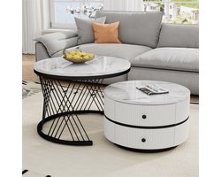 YEHTOKHOME Ronde Salontafel Set van 2 - Koffietafel - Wit hoogglans marmer look - 2 lades - Grote tafel Ø60x46cm, Kleine tafel Ø50x31cm - Zwart