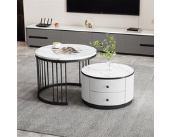 YEHTOKHOME Ronde Salontafel Set van 2 - Nesting Koffietafel - Hoogglans marmer look - 2 lades - Grote tafel Ø60x45,5cm, Kleine tafel Ø50x32cm - Wit en Zwart