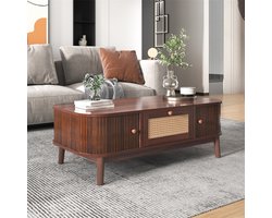 YEHTOKHOME Salontafel met lade en schuifdeuren - Rotan koffietafel - Massief houten latten - Massief houten poten - Natuurlijke landelijke stijl - Bruin