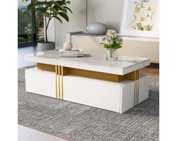 YEHTOKHOME Salontafel met marmerlook - Moderne rechthoekige koffietafel met 2 houten lades - Hoogglans afwerking - Gouden metalen rand - 100x50x40 cm - Wit