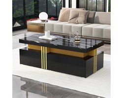 YEHTOKHOME Salontafel met marmerlook - Moderne rechthoekige koffietafel met 2 houten lades - Hoogglans afwerking - Gouden metalen rand - 100x50x40 cm - Zwart