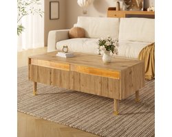YEHTOKHOME Salontafels 110x50x40 cm, Koffietafel met twee lades en LED-verlichting - Golvende laden bovenkant - Massief houten poten - Voor woonkamergebruik - Hout - Bruin