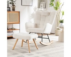 YEHTOKHOME Schommelstoel met hoofdkussen en voetenbank - Relaxstoel babykamer - Fauteuil - Loungestoel - rubberhout onderstel - hoge rugleuning - teddy stof - Ergonomisch - Wit