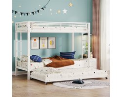 YEHTOKHOME Stapelbed 90x200 cm met uittrekbaar bed 90x190 cm, metalen kinderbed met ladder en uitvalbescherming, ruimtebesparend ontwerp, zonder matras, wit