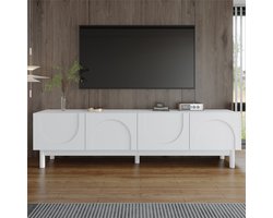 YEHTOKHOME TV meubel TV-kast 169x34x45,5cm - Lowboard met golvende gebogen deuren - Massief houten poten - Mat wit