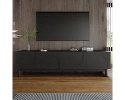 YEHTOKHOME TV meubel TV-kast 169x34x45,5cm - Lowboard met golvende gebogen deuren - Massief houten poten - Mat zwart
