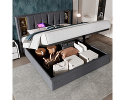YEHTOKHOME Tweepersoonsbed 180x200cm met draadloos opladen USB-C, Gestoffeerd bed met opbergruimte en lattenbodem, Hydraulisch opbergbed, Hoofdeinde met opbergfunctie - Grijs katoen (zonder matras)