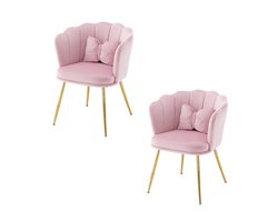 YEHTOKHOME Velvet Eetkamerstoelen set van 2 met armleuning, Bureaustoel, Make-upstoel, Ergonomisch, Fauteuil, Fluwelen stoel met bloemblad-rugleuning, Vergulde metalen poten, Vlinderkussens, Roze