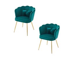 YEHTOKHOME Velvet Eetkamerstoelen set van 2 met armleuning, Bureaustoel, Make-upstoel, Ergonomisch, Fauteuil, Fluwelen stoel met bloemblad-rugleuning, Vergulde metalen poten, Vlinderkussens, Groen