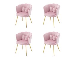 YEHTOKHOME Velvet Eetkamerstoelen set van 4 met armleuning, Bureaustoel, Make-upstoel, Ergonomisch, Fauteuil, Fluwelen stoel met bloemblad-rugleuning, Vergulde metalen poten, Vlinderkussens, Roze