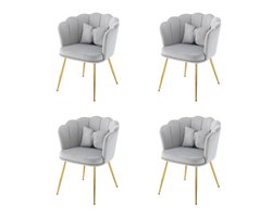 YEHTOKHOME Velvet Eetkamerstoelen set van 4 met armleuning, Bureaustoel, Make-upstoel, Ergonomisch, Fauteuil, Fluwelen stoel met bloemblad-rugleuning, Vergulde metalen poten, Vlinderkussens, Grijs