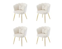 YEHTOKHOME Velvet Eetkamerstoelen set van 4 met armleuning, Bureaustoel, Make-upstoel, Ergonomisch, Fauteuil, Fluwelen stoel met bloemblad-rugleuning, Vergulde metalen poten, Vlinderkussens, Beige