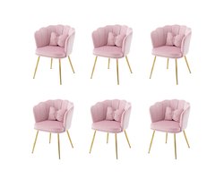 YEHTOKHOME Velvet Eetkamerstoelen set van 6 met armleuning, Bureaustoel, Make-upstoel, Ergonomisch, Fauteuil, Fluwelen stoel met bloemblad-rugleuning, Vergulde metalen poten, Vlinderkussens, Roze