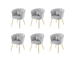 YEHTOKHOME Velvet Eetkamerstoelen set van 6 met armleuning, Bureaustoel, Make-upstoel, Ergonomisch, Fauteuil, Fluwelen stoel met bloemblad-rugleuning, Vergulde metalen poten, Vlinderkussens, Grijs