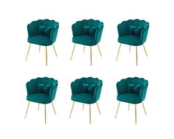 YEHTOKHOME Velvet Eetkamerstoelen set van 6 met armleuning, Bureaustoel, Make-upstoel, Ergonomisch, Fauteuil, Fluwelen stoel met bloemblad-rugleuning, Vergulde metalen poten, Vlinderkussens, Groen