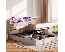 Yelenaro Gestoffeerd bed 160x200 cm, Hydraulisch Opbergbed met LED en USB, Bedombouw met Lattenbodem en Opbergruimte in het Hoofdeinde, Linnen Beige, Zonder Matras