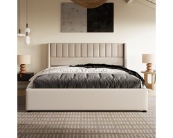Yelenaro Gestoffeerd bed 160x200 cm met Hydraulisch Opbergruimte, Linnen Tweepersoons bed met Hoofdeinde, Bedombouw met Lattenbodem, Beige