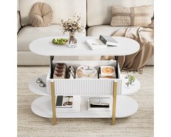 Yelenaro Salontafel Ovaal met Hefmechanisme en Opbergruimte, Moderne Koffietafel met Open Planken, Salontafels voor de woonkamer, wit