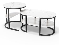 Yelenaro Salontafel Set van 2 - Marmerlook - Metalen frame - Grote Tafel 80x46cm, Kleine Tafel 52x52cm - Zwart - Bijzettafeltjes Woonkamer