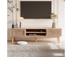 Yelenaro TV Meubel, Met 2 Deuren En Open Vak, 150x40x48cm, Voor Televisie Tot 65 Inch, Tv-kast in retrostijl, naturel houtkleur