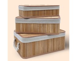 YellowPack opbergmand set bamboe - 35x25x14cm - 32x22x12cm - 29x19x10cm - Keuken en badkamermandjes - stapelbaar - naturel - Multifunctionele mand - Opberg Box/Doos/Mand/Vakken - Opbergsysteem