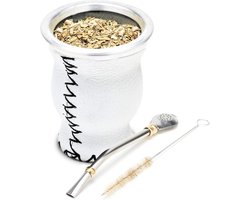 Yerba Mate kalebasenset met Yerba Mate Bombilla - Leder en glas - WIT.