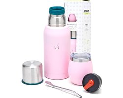 Yerba Mate Set Van 6 - Inclusief Stalen Mate Beker - Argentijnse Bombilla - Thermosfles - 2 Mate Schenkstoppers - Roze Yerba Mate Cup