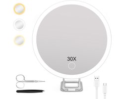 Ynkkvre - 30x Vergrotende Spiegel met Licht - Douche Spiegel met Zuignap - Hangende Make-up Spiegel met Verlichting - 3 Kleuren Dimbaar - Oplaadbare LED Cosmeticaspiegel voor Wastafel en Badkamer - Wit