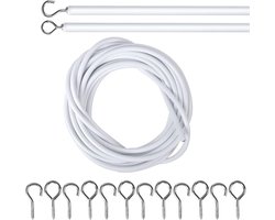 Ynkkvre - 5 m Gordijn Draad - Wit - Kunststof Gecoat - Inclusief 6 Schroefogen en 6 Haken - Voor Gordijnen, Douchegordijnen en Gordijnroedes