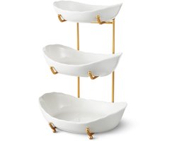 Ynkkvre Keramische 3-laags Fruitschaal met Metalen Standaard - Moderne Keuken Schaal voor Fruit, Snacks, Noten & Desserts (Goud - Compact Design)