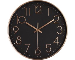 Ynkkvre - Wandklok - Zonder tikgeluid - Stille wandklok - Wandklok met kwartswerk - Decoratieve wandklok - 30 cm diameter & 3D-cijfers - 3 stijlvolle kleurvarianten - Milieuvriendelijk plastic & glazen deksel - Zwart en goud