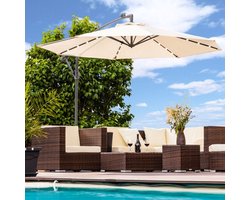 Yolo-deals - Zweefparasol med LED verlichting - Solar - 300cm - UV bestendig - Incl. beschermhoes - Creme