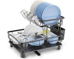 YONO Afdruiprek met Lekbak - Afwasrek met Bestekhouder 2-Laags Metaal - Droogrek voor Afwas - Vaatwasrek - Zwart