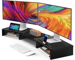 YONO Monitor Standaard 2 Schermen - Beeldscherm Verhoger met Telefoon Houder - Bureau Organizer - Verstelbaar - Hout - Zwart
