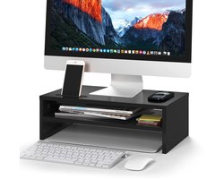 YONO Monitor Standaard - Beeldscherm Verhoger met Telefoon Houder - Bureau Organizer - Hout - Zwart