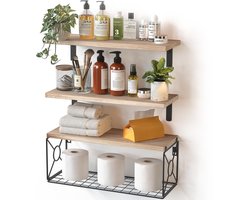 YONO Wandrek en Wandplanken Zwevend - 3 Planken - Hout en Metaal - Badkamer - Keuken - Industrieel - Organizer - Bruin