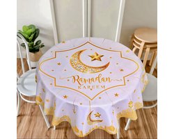 Younik -Ramadan - 2stuks afwasbaar - tafelkleed - rond - Ramadan Kareem - rond - wit - oranje - goud - 150cm