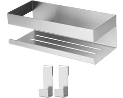 YOZHIQU Douche Mand - Wandmontage Doucheplank - met 2 Haken - Krachtige Zelfklevende Bevestiging - Open Rasterstructuur met Afvoergaten - Waterdicht en Roestvrij - Geschikt voor Badkamer en Keuken - 304 Roestvrij Staal - 23x10x8cm