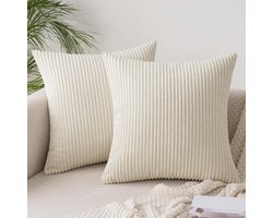YOZHIQU Kussenhoezen - Set van twee - 40x40 cm - Beige - Gestreept corduroypatroon - Sierkussens - Bankkussens - Decoratieve kussenslopen geschikt voor de woonkamer