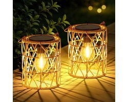 YOZHIQU Solarlamp - Hangende solarlamp voor buiten - Handgeweven solarlantaarn - Voorzien van een heldere LED-lamp - Waterdichte solarlantaarn in Boheemse stijl - Balkondecoratie - Geschikt voor buitentafels, balkons en kerstdecoratie - 2 stuks