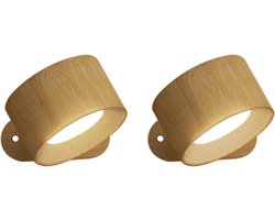 YOZHIQU Wandlamp - Binnenwandlamp - LED-wandlamp voor binnen - Met oplaadbare batterij - Touchbediening - 3 helderheidsniveaus - 360° draaibaar - Geschikt voor woonkamers, slaapkamers en hallen - Draadloze wandlamp - Houtnerfafwerking - 2 stuks