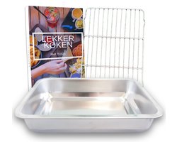 YUGN Braadslede met Rooster - 40x30x7 cm - RVS Ovenschaal - Met eBook - Vaatwasserbestendig - Zilver