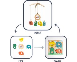 Yumi Yay 3-in-1 mobiel - Houten baby mobiel + baby voel speeltjes + legpuzzel - Box mobiel - Kraam cadeau