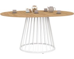 Yuna ronde uitschuifbare eettafel – 110-150 cm – Houten blad – Witte metalen draadpoot – Voor 4 tot 8 personen
