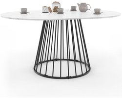 Yuna ronde uitschuifbare eettafel – 110-150 cm – Marmerlook Alaska wit – Zwarte metalen poten – Voor 4-8 personen
